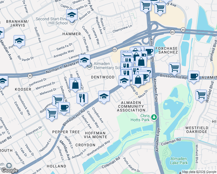 map of restaurants, bars, coffee shops, grocery stores, and more near in San Jose