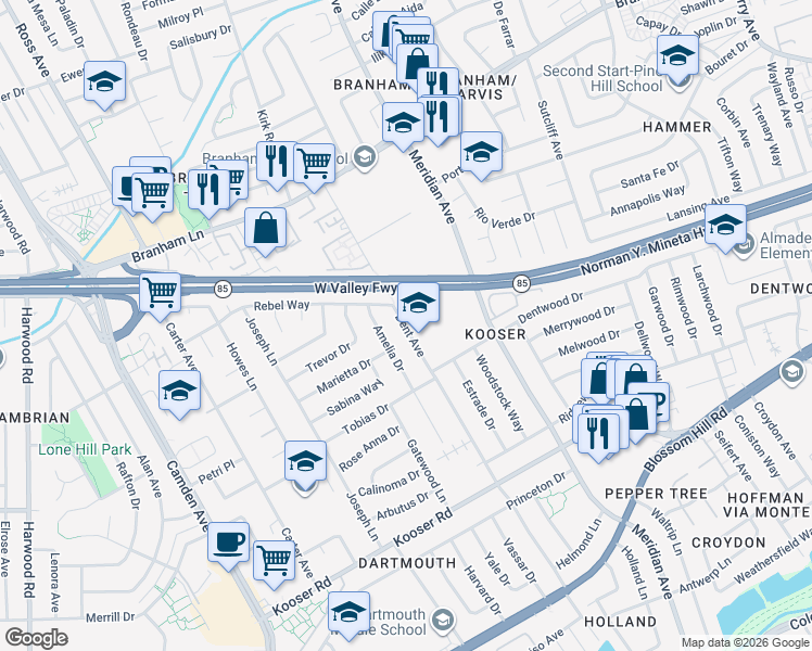 map of restaurants, bars, coffee shops, grocery stores, and more near 5200 Dent Avenue in San Jose