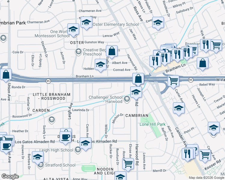 map of restaurants, bars, coffee shops, grocery stores, and more near 4822 Pepperwood Way in San Jose