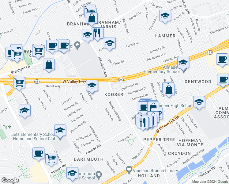 map of restaurants, bars, coffee shops, grocery stores, and more near 1445 Dentwood Drive in San Jose