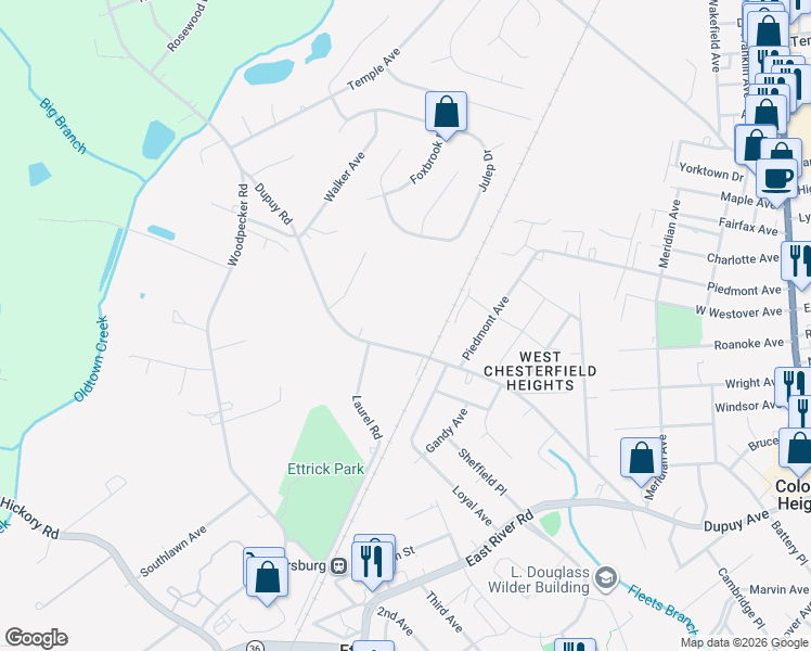 map of restaurants, bars, coffee shops, grocery stores, and more near 3608 Dupuy Road in Petersburg