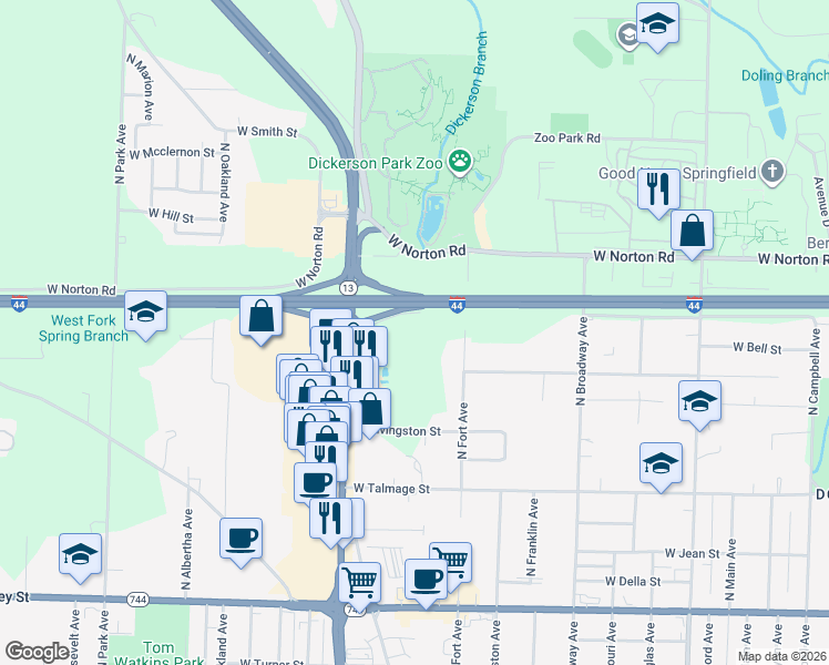 map of restaurants, bars, coffee shops, grocery stores, and more near 1400 West Evergreen Street in Springfield
