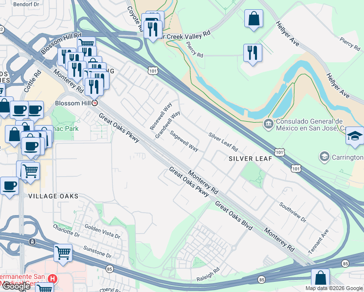 map of restaurants, bars, coffee shops, grocery stores, and more near 93 Oldwell Court in San Jose