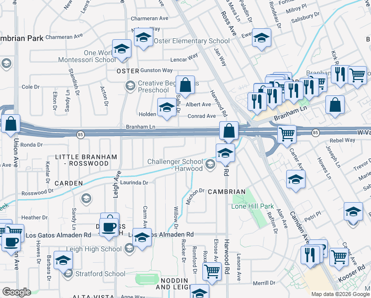 map of restaurants, bars, coffee shops, grocery stores, and more near 4822 Pepperwood Way in San Jose