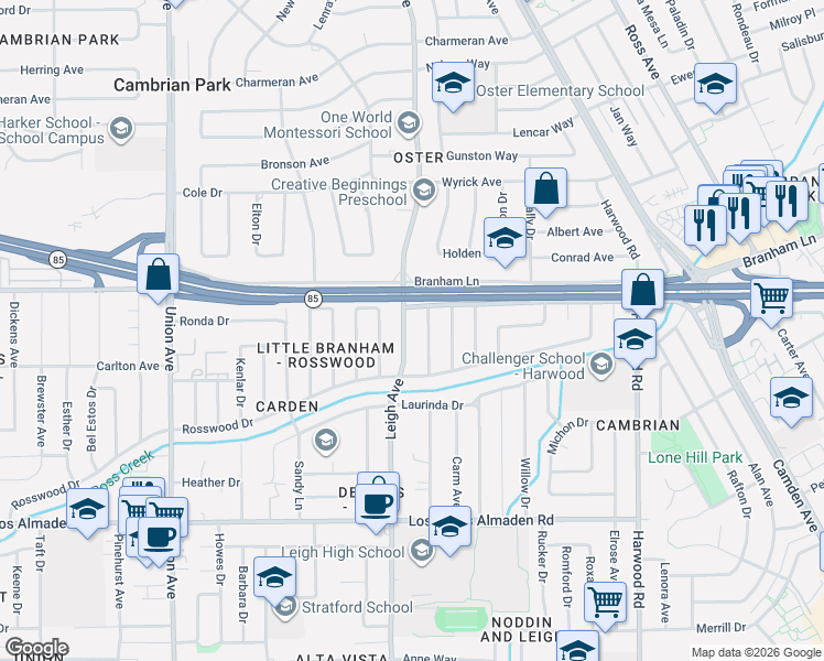 map of restaurants, bars, coffee shops, grocery stores, and more near 4857 Mary Jane Way in San Jose