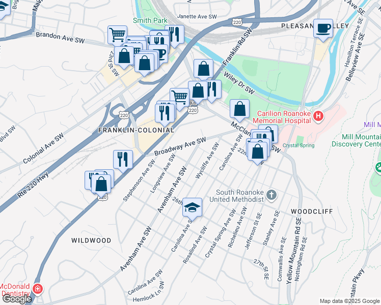 map of restaurants, bars, coffee shops, grocery stores, and more near 2324 Broadway Avenue Southwest in Roanoke
