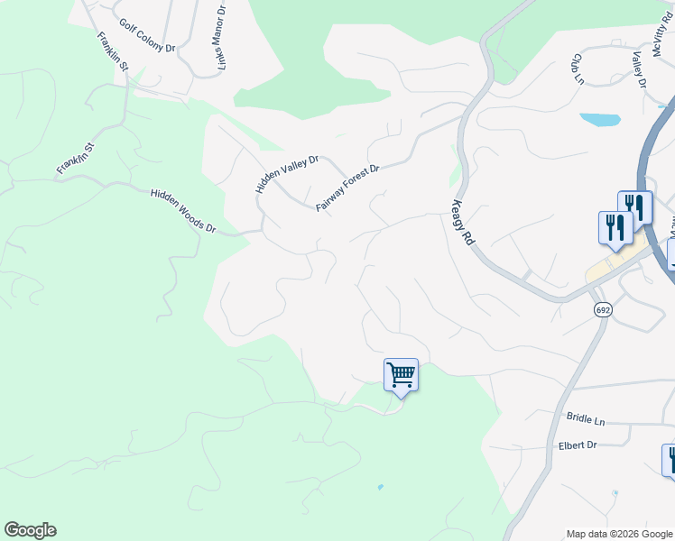 map of restaurants, bars, coffee shops, grocery stores, and more near 6550 Fairway Estates Drive in Roanoke