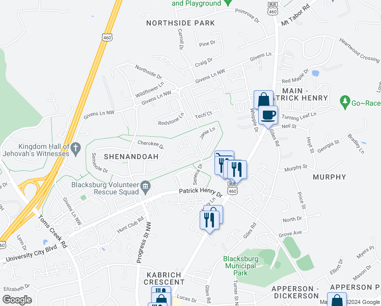 map of restaurants, bars, coffee shops, grocery stores, and more near 210 Pheasant Run Drive in Blacksburg