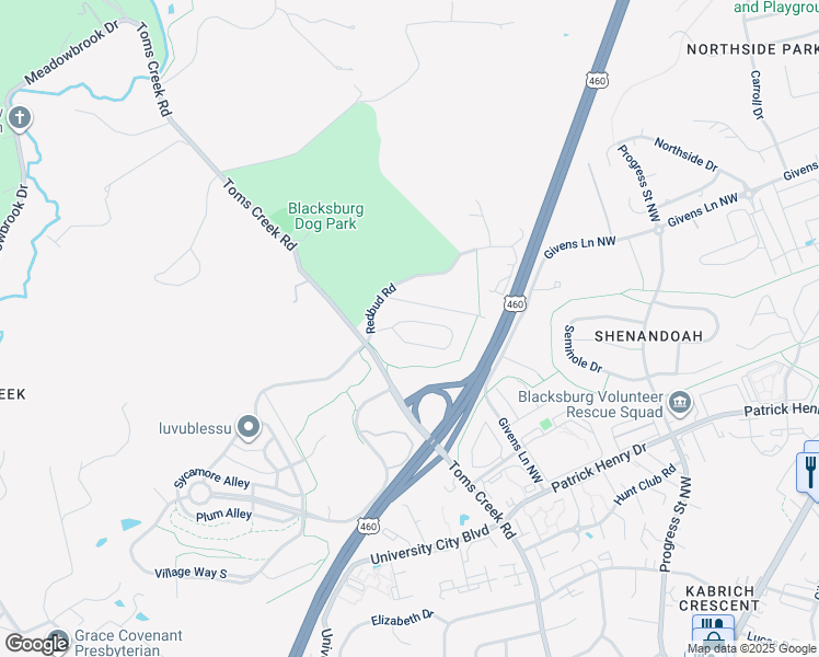 map of restaurants, bars, coffee shops, grocery stores, and more near 1110 Brook Circle in Blacksburg