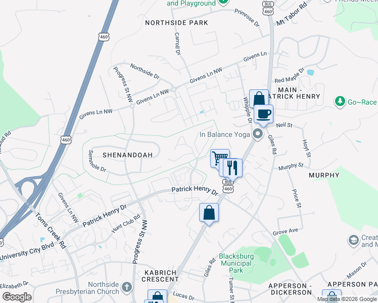 map of restaurants, bars, coffee shops, grocery stores, and more near 214 Pheasant Run Drive in Blacksburg