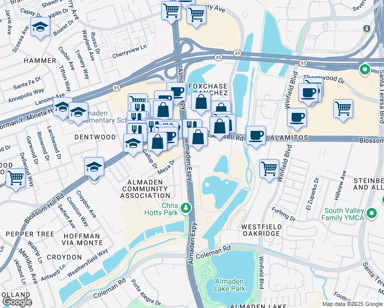 map of restaurants, bars, coffee shops, grocery stores, and more near 5670 Almaden Expressway in San Jose