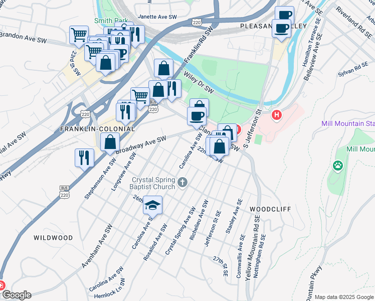 map of restaurants, bars, coffee shops, grocery stores, and more near 2213 Carolina Avenue Southwest in Roanoke