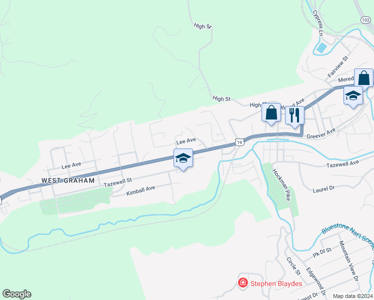 map of restaurants, bars, coffee shops, grocery stores, and more near 1810 Virginia Avenue in Bluefield
