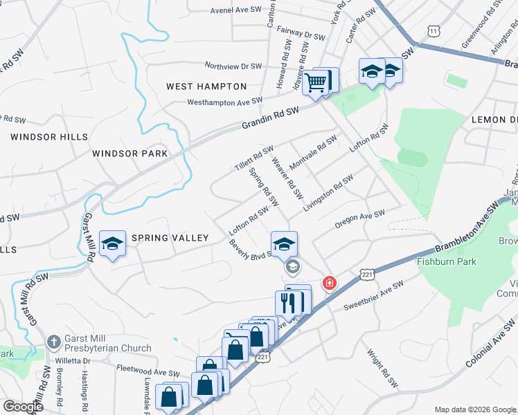 map of restaurants, bars, coffee shops, grocery stores, and more near 2719 Lofton Road Southwest in Roanoke
