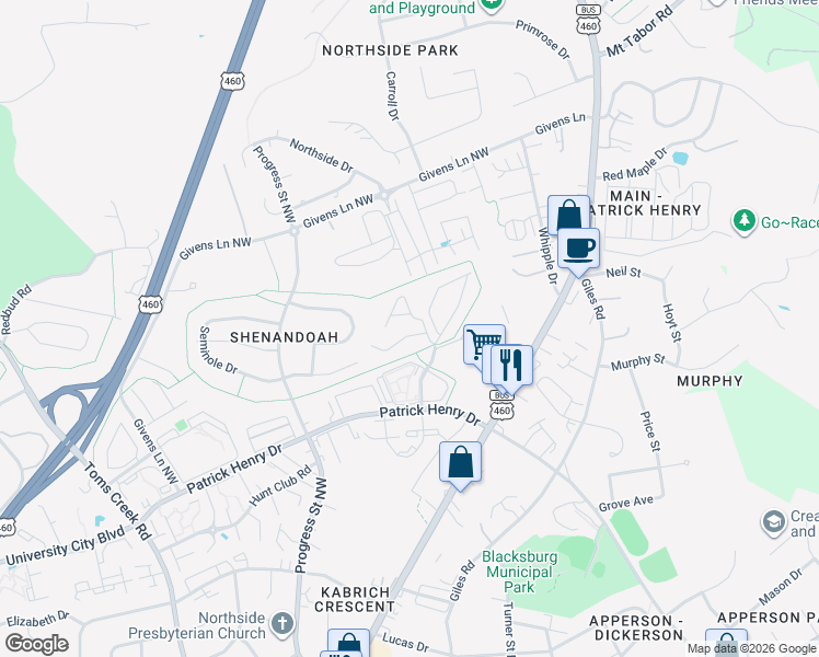 map of restaurants, bars, coffee shops, grocery stores, and more near 214 Pheasant Run Drive in Blacksburg