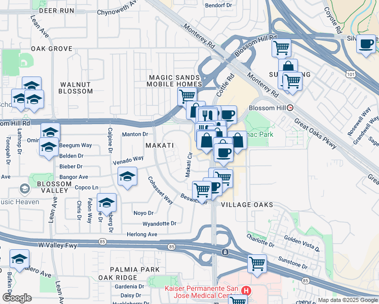 map of restaurants, bars, coffee shops, grocery stores, and more near 5274 Makati Circle in San Jose