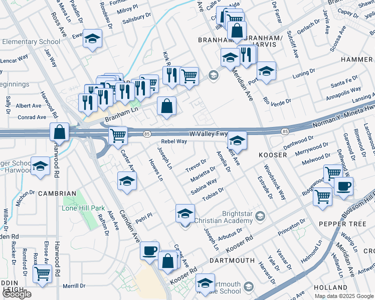 map of restaurants, bars, coffee shops, grocery stores, and more near 5068 Hawley Court in San Jose