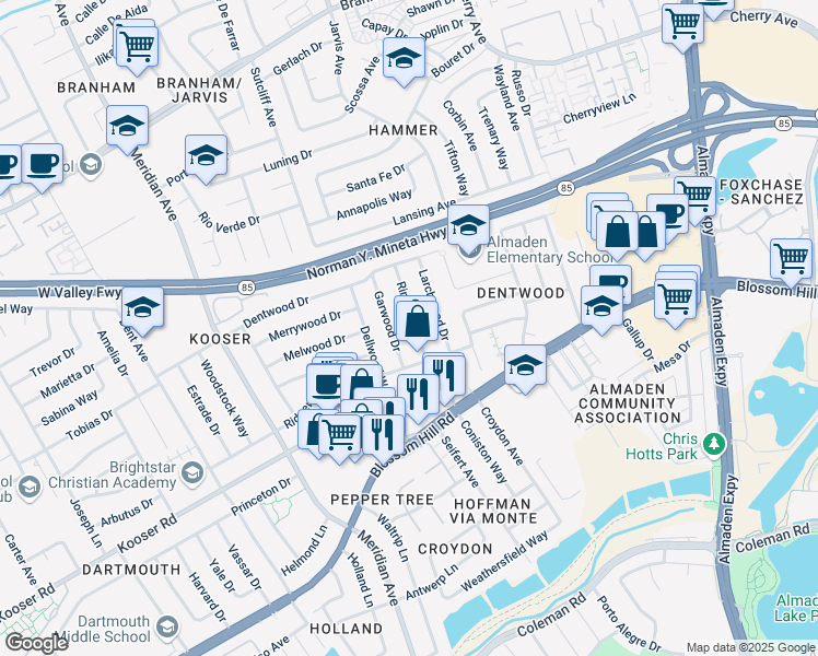 map of restaurants, bars, coffee shops, grocery stores, and more near 5325 Rimwood Drive in San Jose