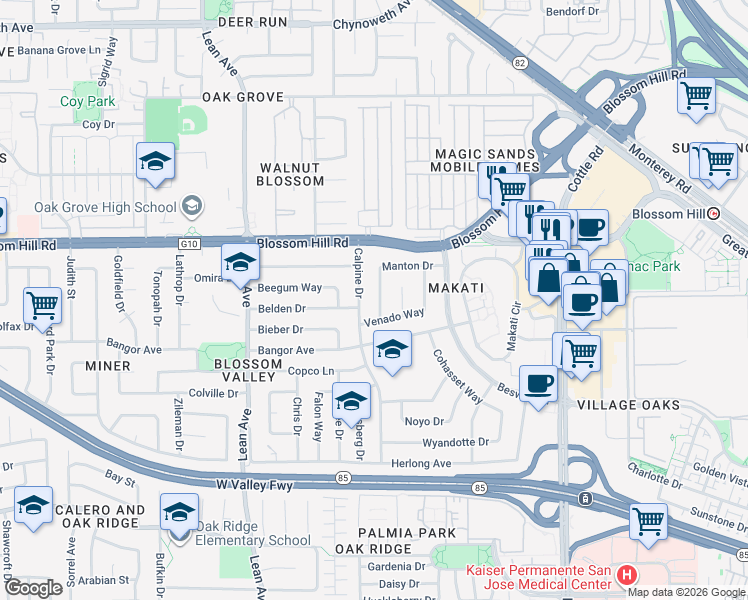 map of restaurants, bars, coffee shops, grocery stores, and more near 181 Manton Drive in San Jose