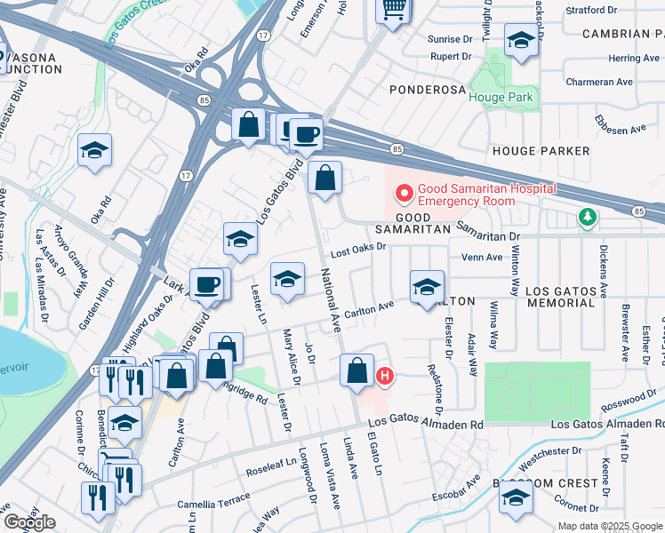 map of restaurants, bars, coffee shops, grocery stores, and more near 4812 National Avenue in San Jose