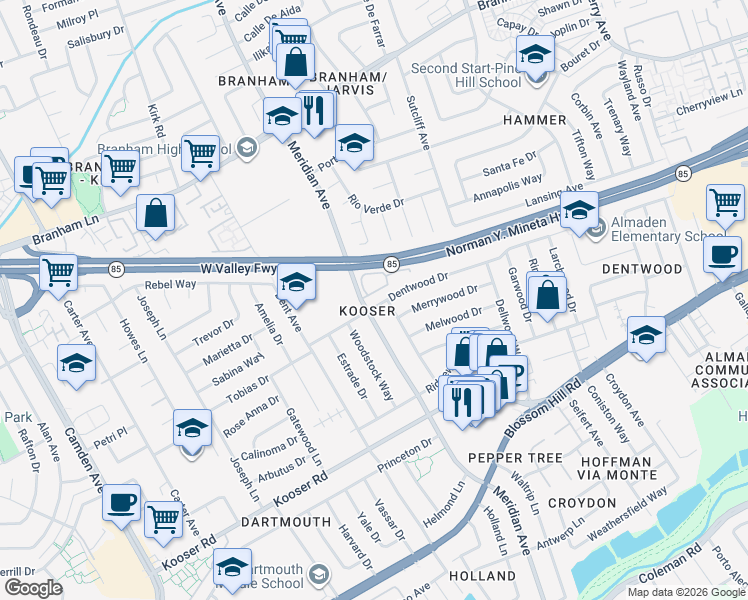 map of restaurants, bars, coffee shops, grocery stores, and more near in San Jose
