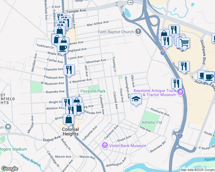 map of restaurants, bars, coffee shops, grocery stores, and more near 909 Hamilton Avenue in Colonial Heights