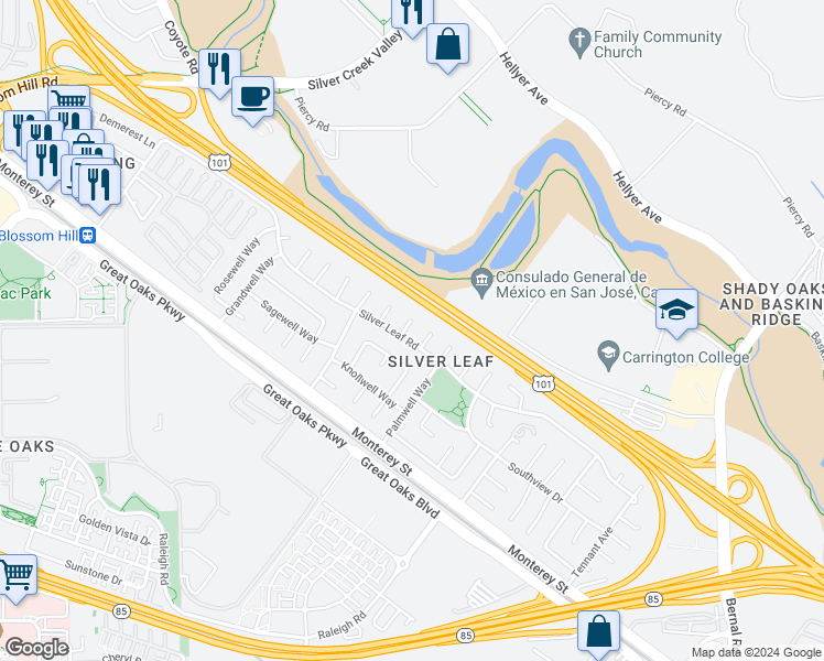 map of restaurants, bars, coffee shops, grocery stores, and more near 112 Parkwell Court in San Jose