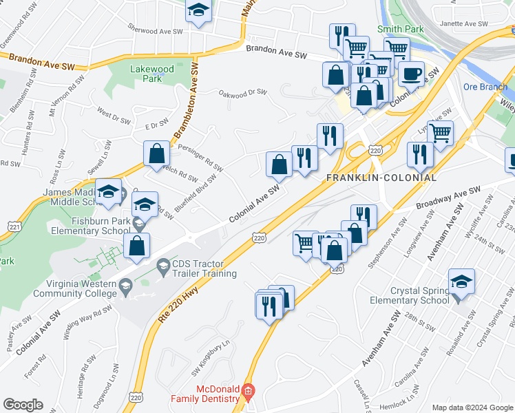 map of restaurants, bars, coffee shops, grocery stores, and more near 2782 Colonial Avenue Southwest in Roanoke