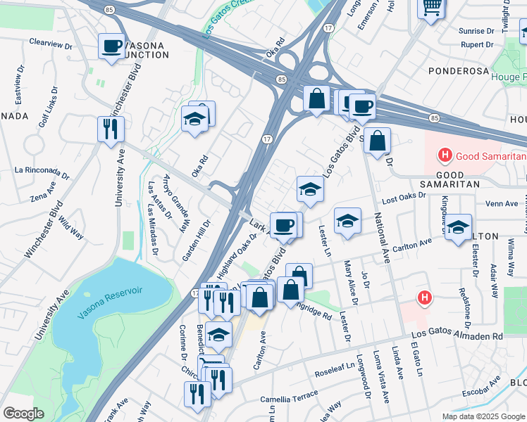 map of restaurants, bars, coffee shops, grocery stores, and more near 15021 Briggs Court in Los Gatos