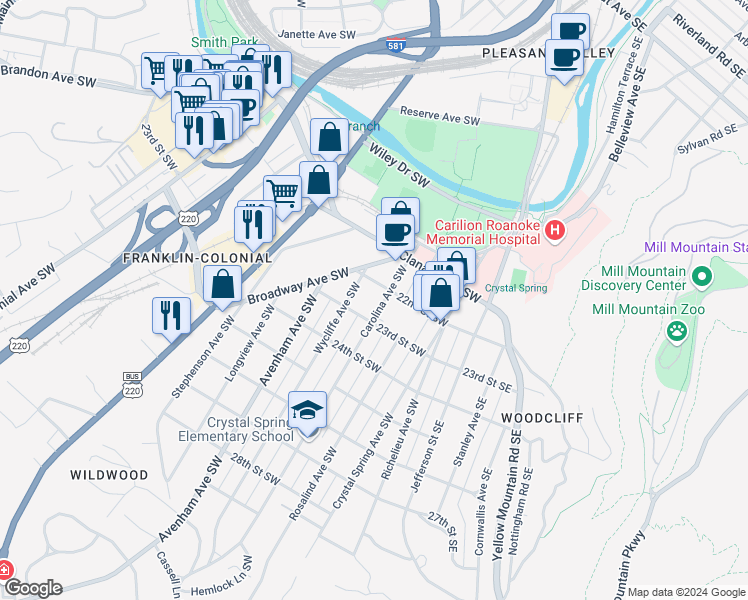 map of restaurants, bars, coffee shops, grocery stores, and more near 2213 Carolina Avenue Southwest in Roanoke