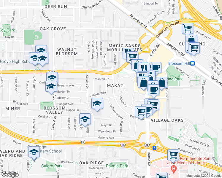 map of restaurants, bars, coffee shops, grocery stores, and more near 5663 Beswick Drive in San Jose