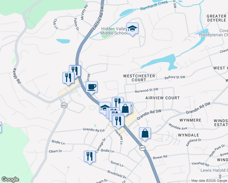 map of restaurants, bars, coffee shops, grocery stores, and more near 5012 Oakleigh Avenue Southwest in Roanoke