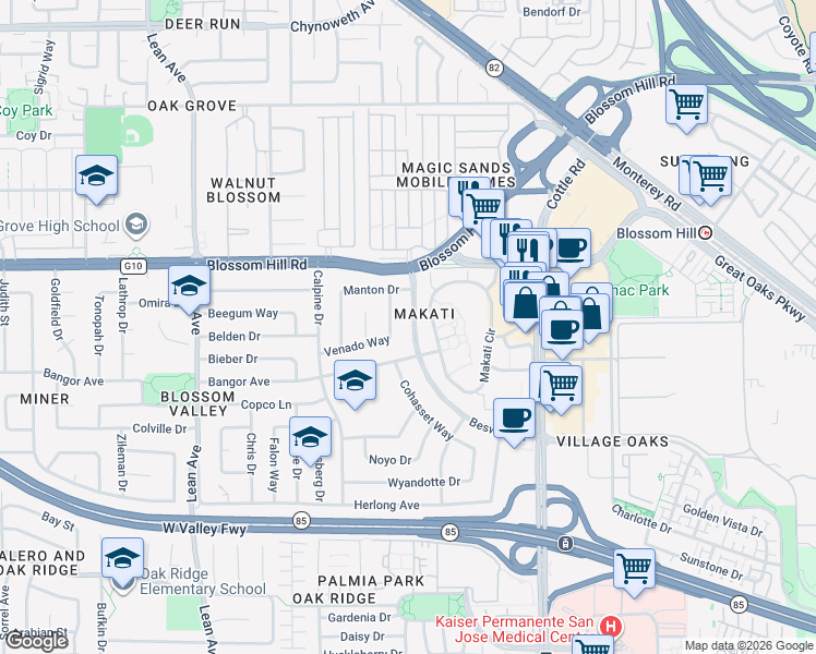 map of restaurants, bars, coffee shops, grocery stores, and more near 5665 Beswick Drive in San Jose