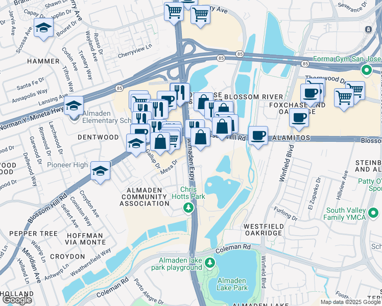 map of restaurants, bars, coffee shops, grocery stores, and more near Almaden Expressway in San Jose