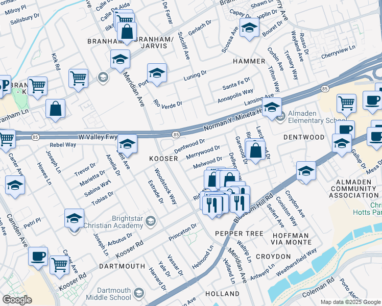map of restaurants, bars, coffee shops, grocery stores, and more near 1449 Merrywood Drive in San Jose