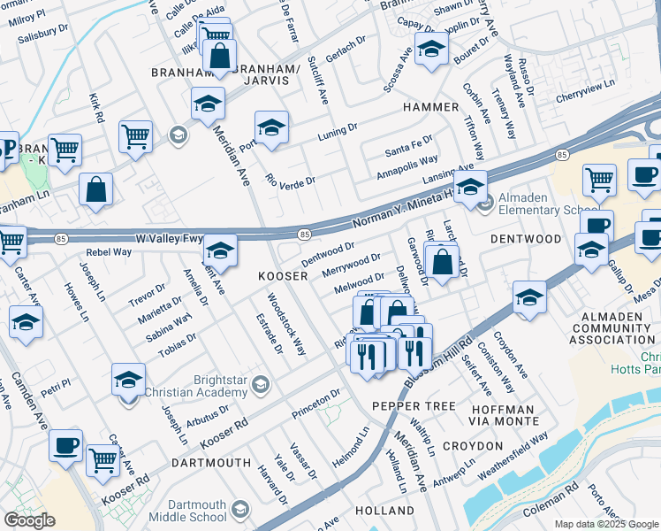 map of restaurants, bars, coffee shops, grocery stores, and more near 1449 Merrywood Drive in San Jose