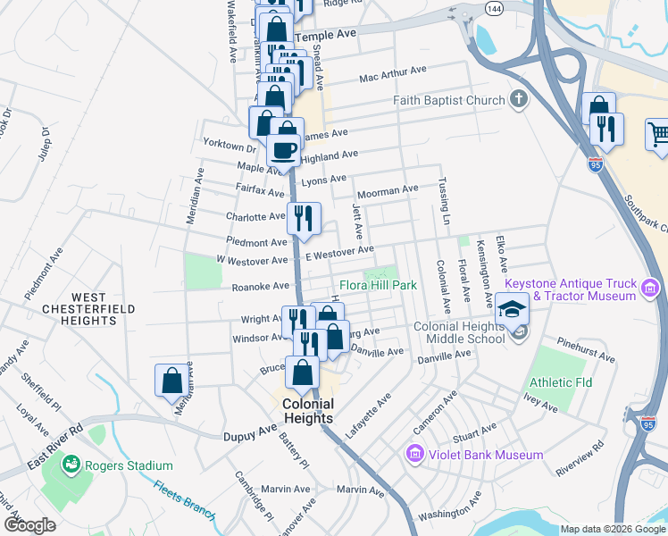 map of restaurants, bars, coffee shops, grocery stores, and more near 202 Richmond Avenue in Colonial Heights
