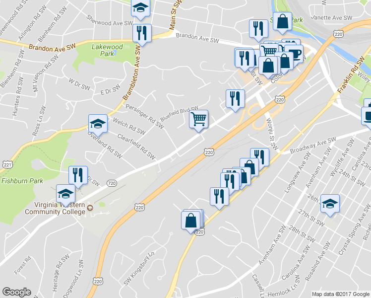 map of restaurants, bars, coffee shops, grocery stores, and more near 2778 Colonial Avenue Southwest in Roanoke