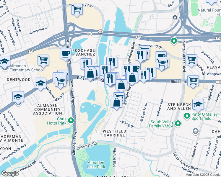 map of restaurants, bars, coffee shops, grocery stores, and more near 1008 Blossom Hill Road in San Jose