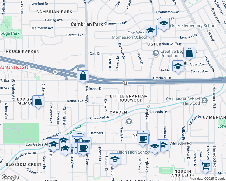 map of restaurants, bars, coffee shops, grocery stores, and more near 14792 Ronda Drive in San Jose