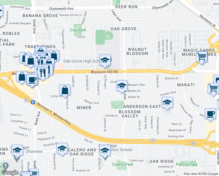map of restaurants, bars, coffee shops, grocery stores, and more near 5684 Lathrop Court in San Jose