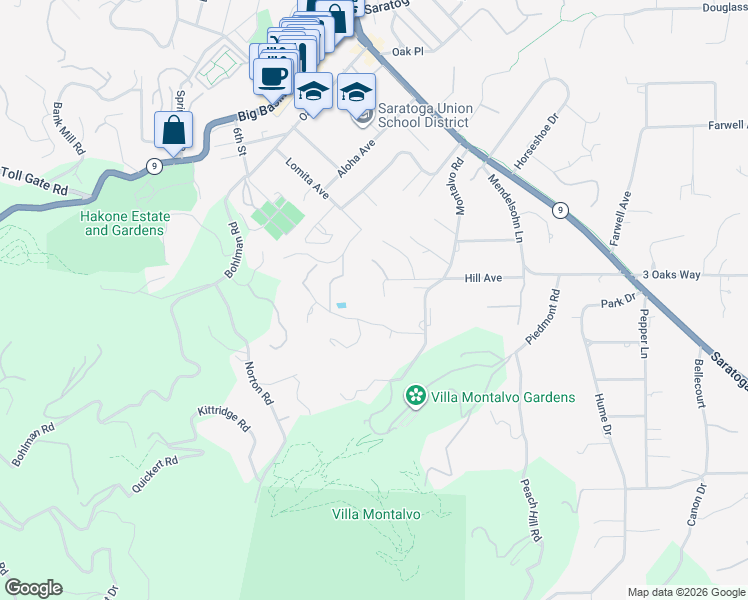 map of restaurants, bars, coffee shops, grocery stores, and more near 20388 Hill Avenue in Saratoga