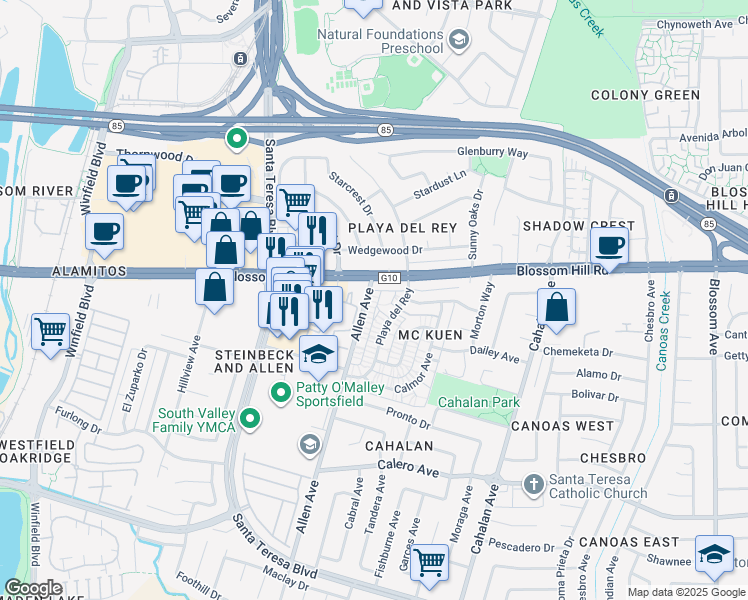 map of restaurants, bars, coffee shops, grocery stores, and more near 5629 Playa Del Rey Court in San Jose
