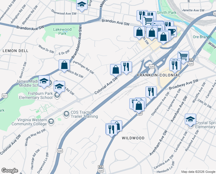 map of restaurants, bars, coffee shops, grocery stores, and more near 2786 State Route 720 in Roanoke