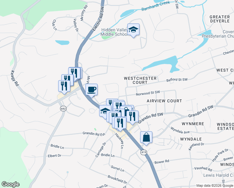 map of restaurants, bars, coffee shops, grocery stores, and more near 5012 Oakleigh Avenue Southwest in Roanoke