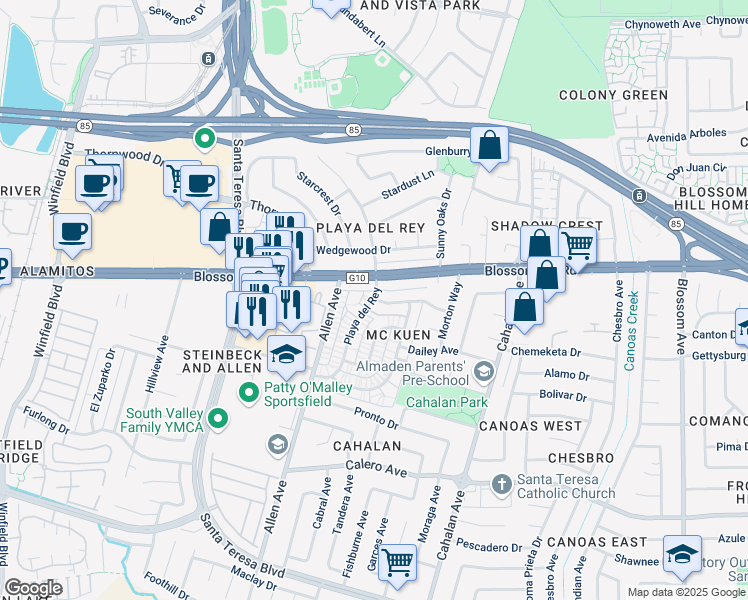 map of restaurants, bars, coffee shops, grocery stores, and more near Playa Del Rey & Delaware Ave in San Jose