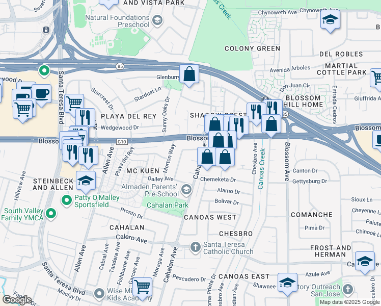 map of restaurants, bars, coffee shops, grocery stores, and more near 5686 San Lorenzo Drive in San Jose