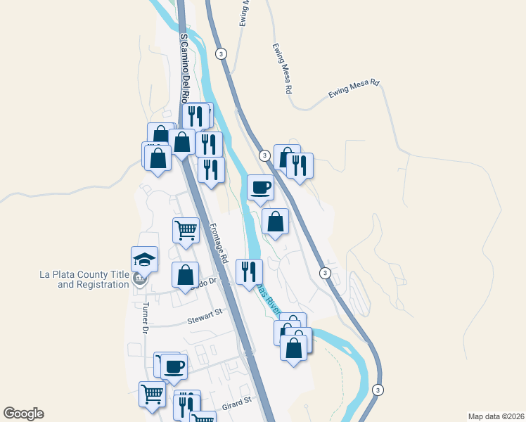 map of restaurants, bars, coffee shops, grocery stores, and more near 555 Rivergate Lane in Durango