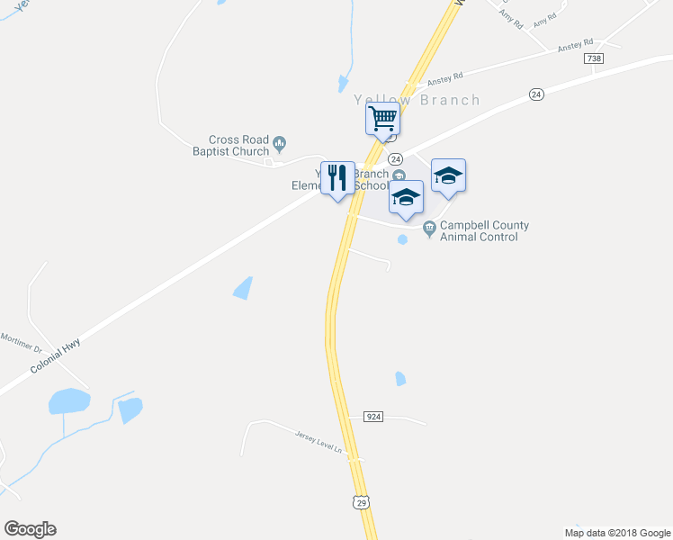 map of restaurants, bars, coffee shops, grocery stores, and more near 8570 Wards Road in Rustburg