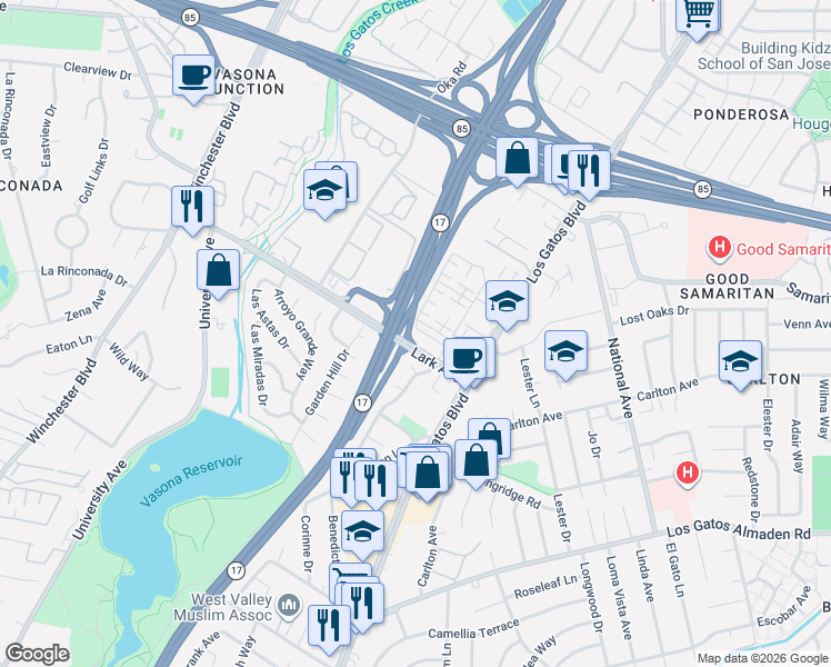 map of restaurants, bars, coffee shops, grocery stores, and more near Lark Avenue in Los Gatos